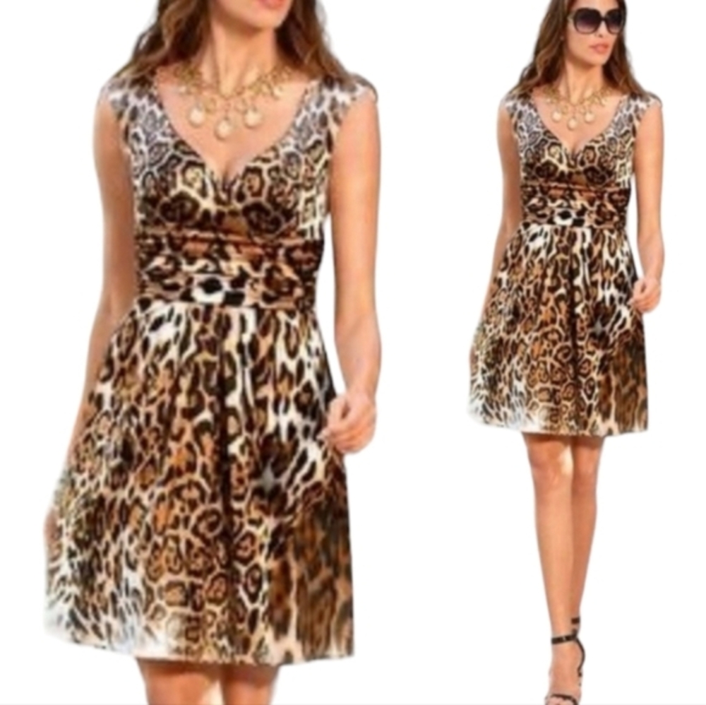 Boston Proper Women's 4 Satin Leopard Dress A-Line V-Neck Sleeveless Cocktail